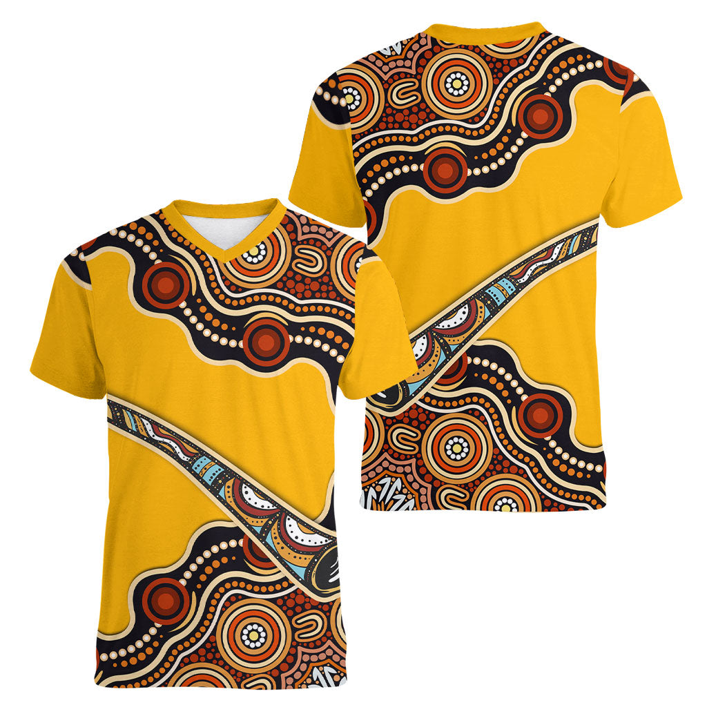 Didgeridoo Women V-Neck T-Shirt Aboriginal Dot Painting Indigenous Traditional Instrument