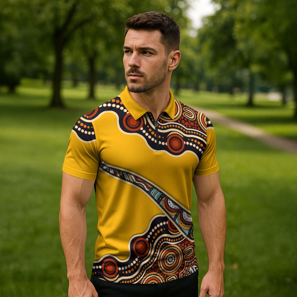 Didgeridoo Zipper Polo Shirt Aboriginal Dot Painting Indigenous Traditional Instrument