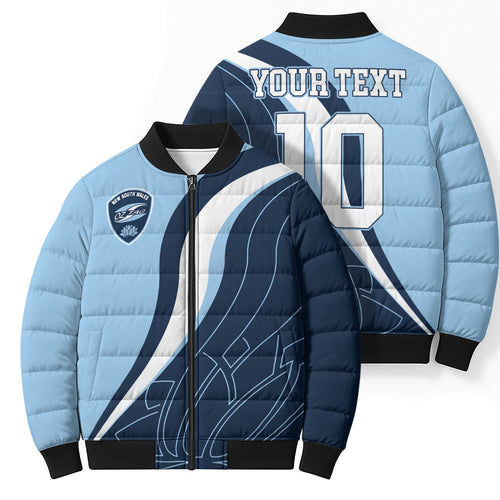 Personalized New South Wales Oztag Bomber Puffer Jacket Abstract Wave Line Art
