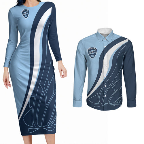 Personalized New South Wales Oztag Couples Matching Long Sleeve Bodycon Dress and Long Sleeve Button Shirt Abstract Wave Line Art