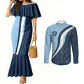 Personalized New South Wales Oztag Couples Matching Mermaid Dress and Long Sleeve Button Shirt Abstract Wave Line Art