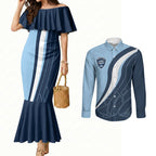 Personalized New South Wales Oztag Couples Matching Mermaid Dress and Long Sleeve Button Shirt Abstract Wave Line Art