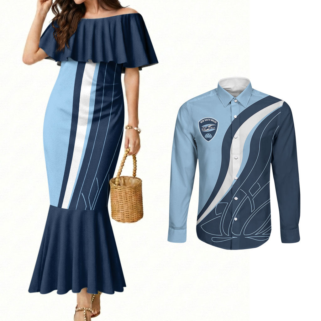 Personalized New South Wales Oztag Couples Matching Mermaid Dress and Long Sleeve Button Shirt Abstract Wave Line Art