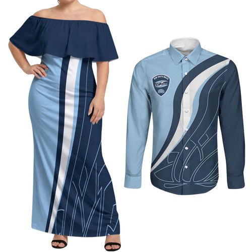 Personalized New South Wales Oztag Couples Matching Off Shoulder Maxi Dress and Long Sleeve Button Shirt Abstract Wave Line Art