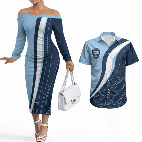 Personalized New South Wales Oztag Couples Matching Off The Shoulder Long Sleeve Dress and Hawaiian Shirt Abstract Wave Line Art