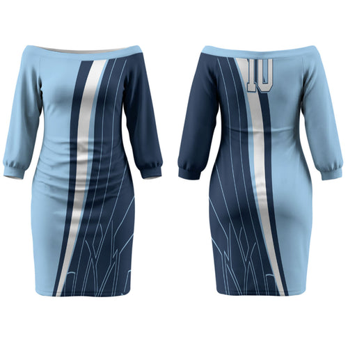Personalized New South Wales Oztag Couples Matching Off The Shoulder Long Sleeve Dress and Hawaiian Shirt Abstract Wave Line Art