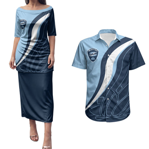 Personalized New South Wales Oztag Couples Matching Puletasi and Hawaiian Shirt Abstract Wave Line Art