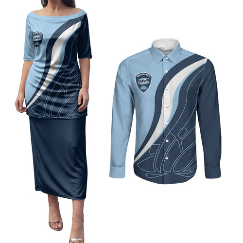 Personalized New South Wales Oztag Couples Matching Puletasi and Long Sleeve Button Shirt Abstract Wave Line Art