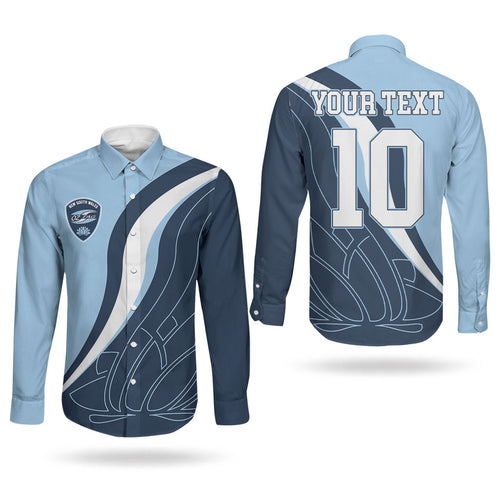 Personalized New South Wales Oztag Couples Matching Puletasi and Long Sleeve Button Shirt Abstract Wave Line Art