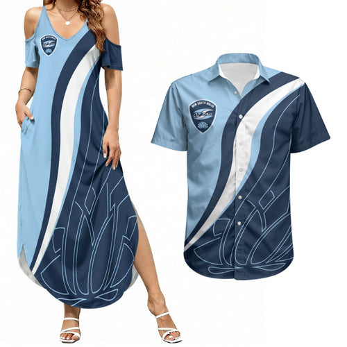 Personalized New South Wales Oztag Couples Matching Summer Maxi Dress and Hawaiian Shirt Abstract Wave Line Art