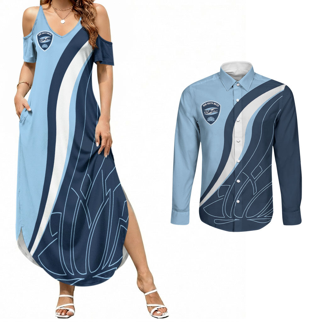Personalized New South Wales Oztag Couples Matching Summer Maxi Dress and Long Sleeve Button Shirt Abstract Wave Line Art