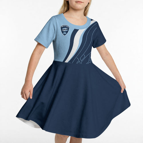 Personalized New South Wales Oztag Kid Short Sleeve Dress Abstract Wave Line Art