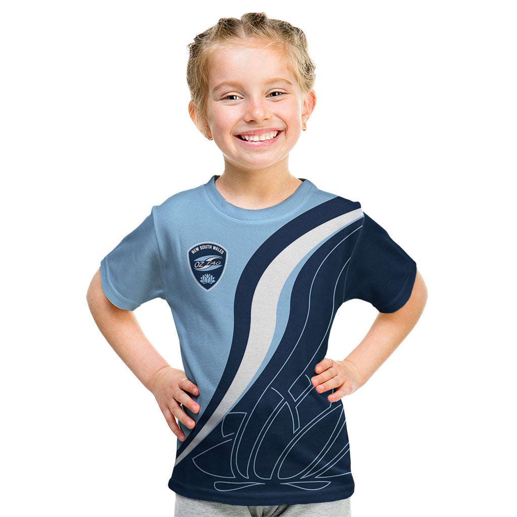 Personalized New South Wales Oztag Kid T Shirt Abstract Wave Line Art