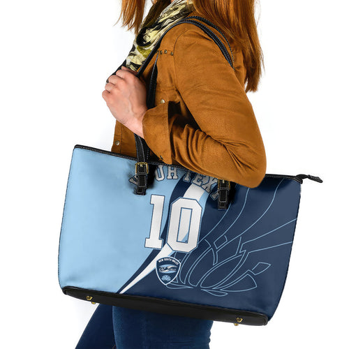 Personalized New South Wales Oztag Leather Tote Bag Abstract Wave Line Art