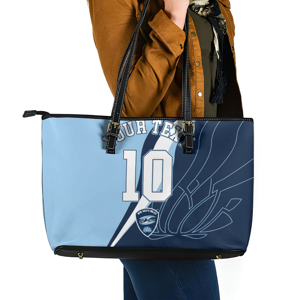 Personalized New South Wales Oztag Leather Tote Bag Abstract Wave Line Art