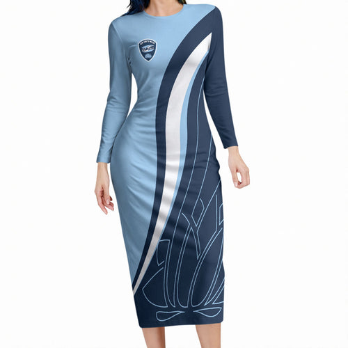 Personalized New South Wales Oztag Long Sleeve Bodycon Dress Abstract Wave Line Art