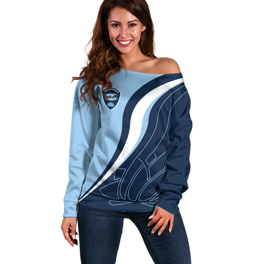 Personalized New South Wales Oztag Off Shoulder Sweater Abstract Wave Line Art