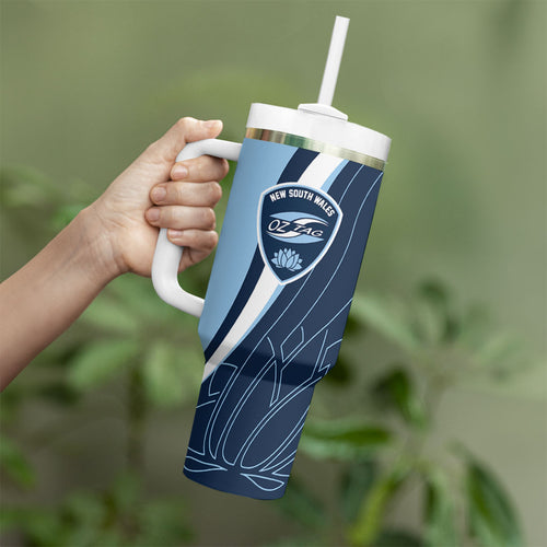 Personalized New South Wales Oztag Tumbler With Handle Abstract Wave Line Art