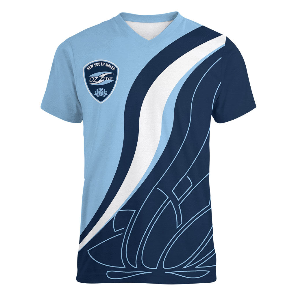 Personalized New South Wales Oztag Women V-Neck T-Shirt Abstract Wave Line Art