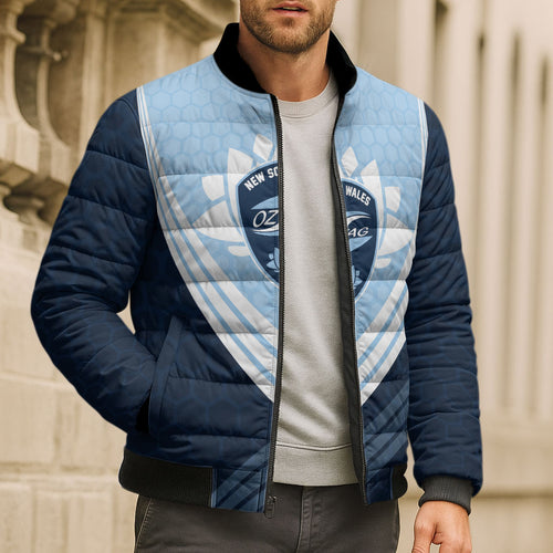 Personalized New South Wales Oztag Bomber Puffer Jacket Hexagon Texture Chevron Pattern Art