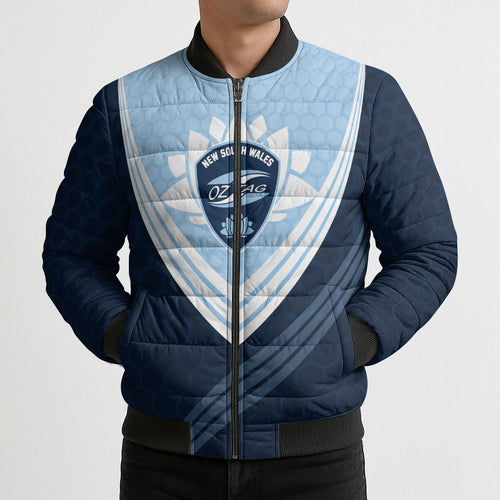 Personalized New South Wales Oztag Bomber Puffer Jacket Hexagon Texture Chevron Pattern Art