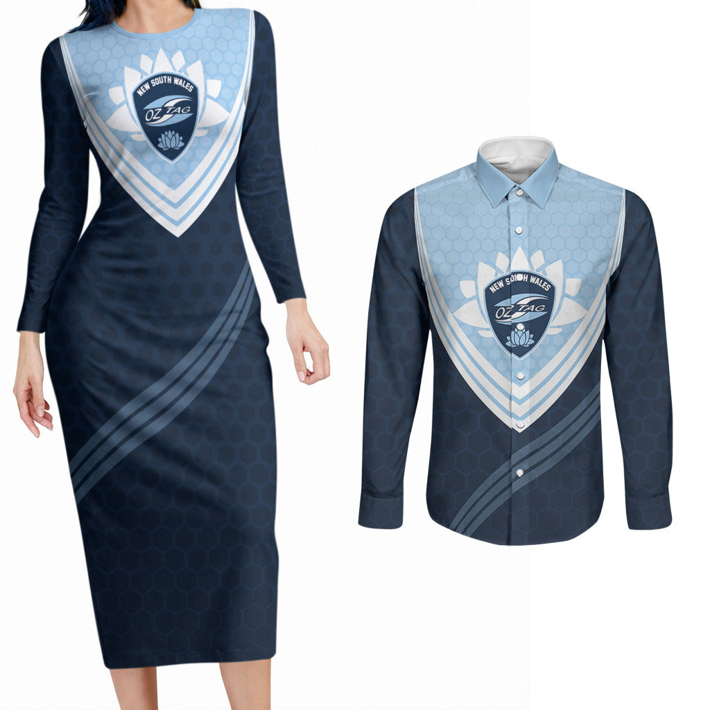 Personalized New South Wales Oztag Couples Matching Long Sleeve Bodycon Dress and Long Sleeve Button Shirt Hexagon Texture Chevron Pattern Art