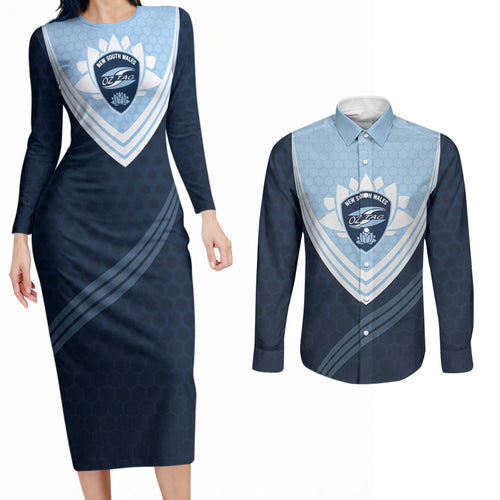 Personalized New South Wales Oztag Couples Matching Long Sleeve Bodycon Dress and Long Sleeve Button Shirt Hexagon Texture Chevron Pattern Art