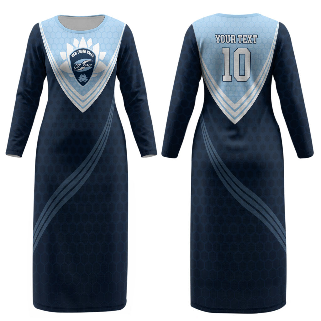 Personalized New South Wales Oztag Couples Matching Long Sleeve Bodycon Dress and Long Sleeve Button Shirt Hexagon Texture Chevron Pattern Art