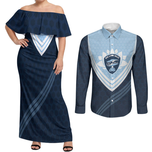 Personalized New South Wales Oztag Couples Matching Off Shoulder Maxi Dress and Long Sleeve Button Shirt Hexagon Texture Chevron Pattern Art