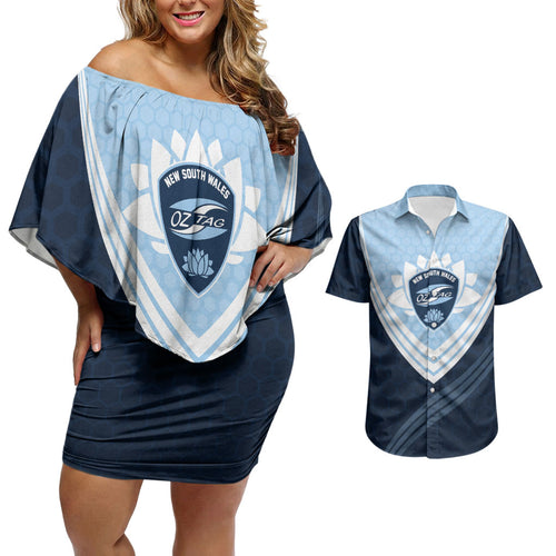 Personalized New South Wales Oztag Couples Matching Off Shoulder Short Dress and Hawaiian Shirt Hexagon Texture Chevron Pattern Art