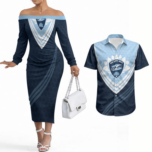 Personalized New South Wales Oztag Couples Matching Off The Shoulder Long Sleeve Dress and Hawaiian Shirt Hexagon Texture Chevron Pattern Art