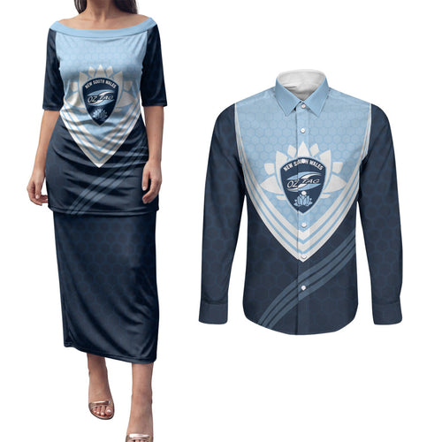 Personalized New South Wales Oztag Couples Matching Puletasi and Long Sleeve Button Shirt Hexagon Texture Chevron Pattern Art