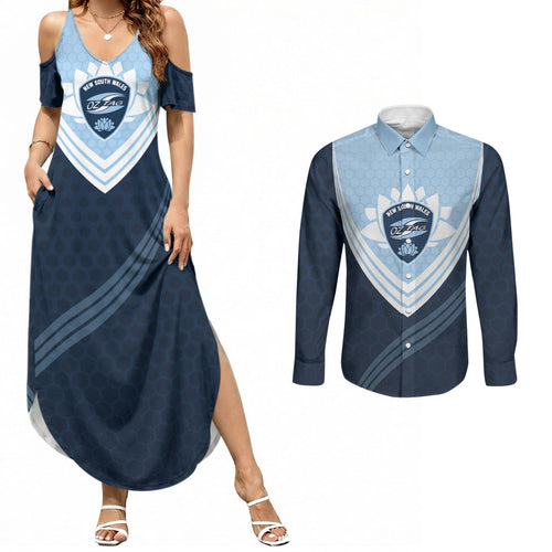 Personalized New South Wales Oztag Couples Matching Summer Maxi Dress and Long Sleeve Button Shirt Hexagon Texture Chevron Pattern Art