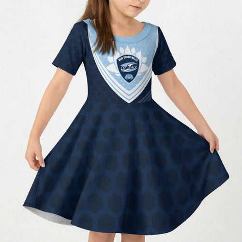 Personalized New South Wales Oztag Kid Short Sleeve Dress Hexagon Texture Chevron Pattern Art