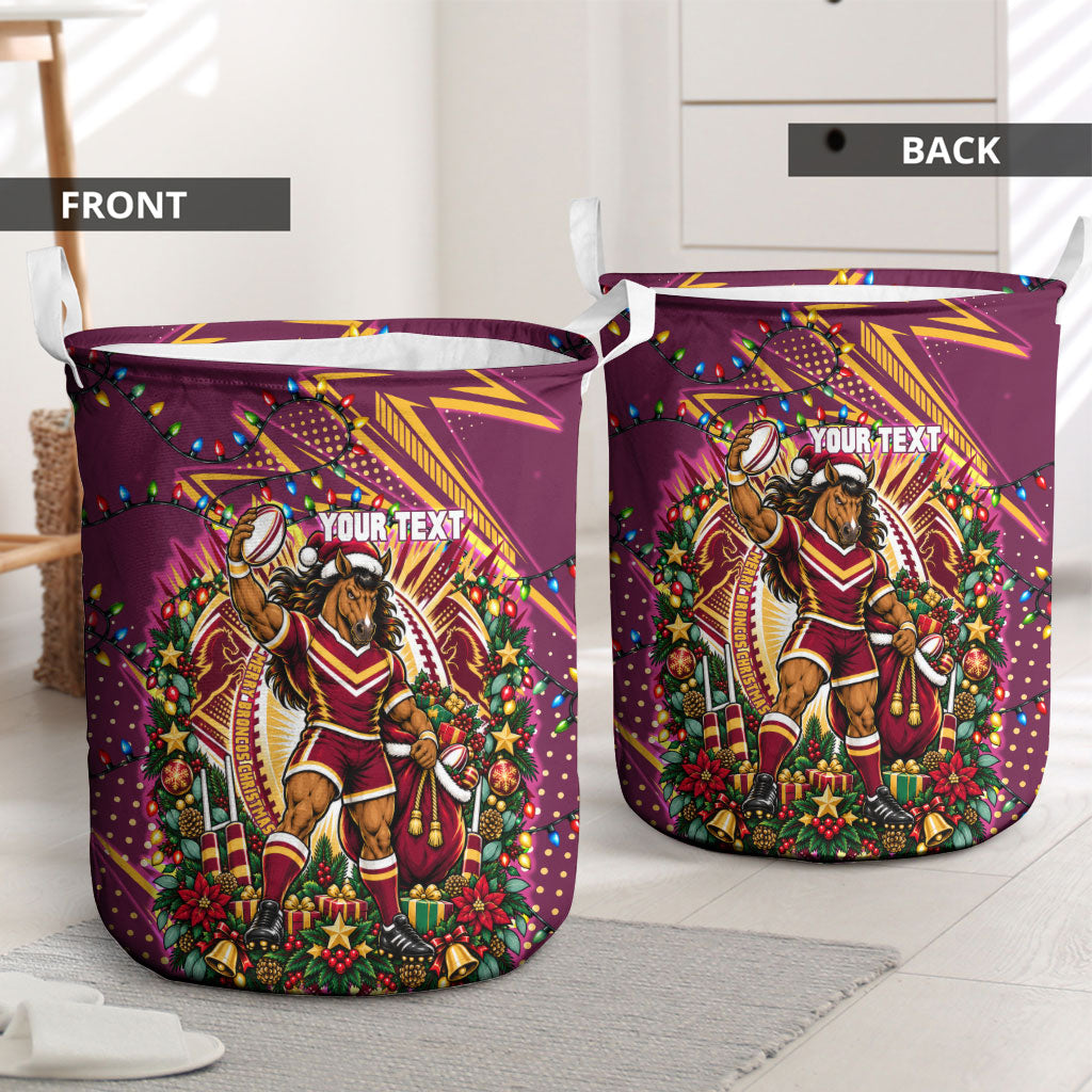 Personalized Brisbane Broncos Rugby Christmas Laundry Basket Holiday Mascot Graphic Art Festive Lights Bow