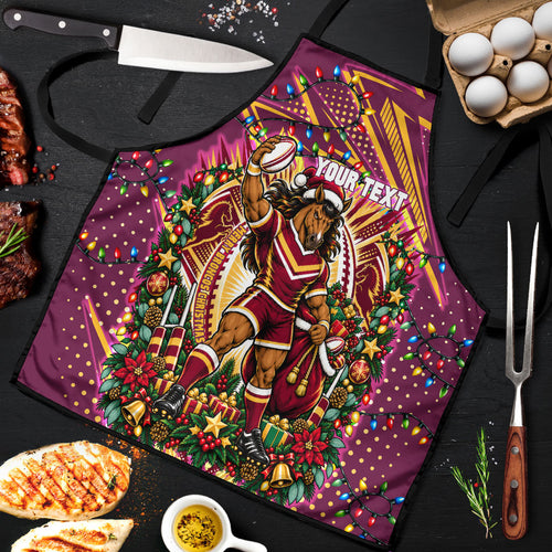 Personalized Brisbane Broncos Rugby Christmas Apron Holiday Mascot Graphic Art Festive Lights Bow