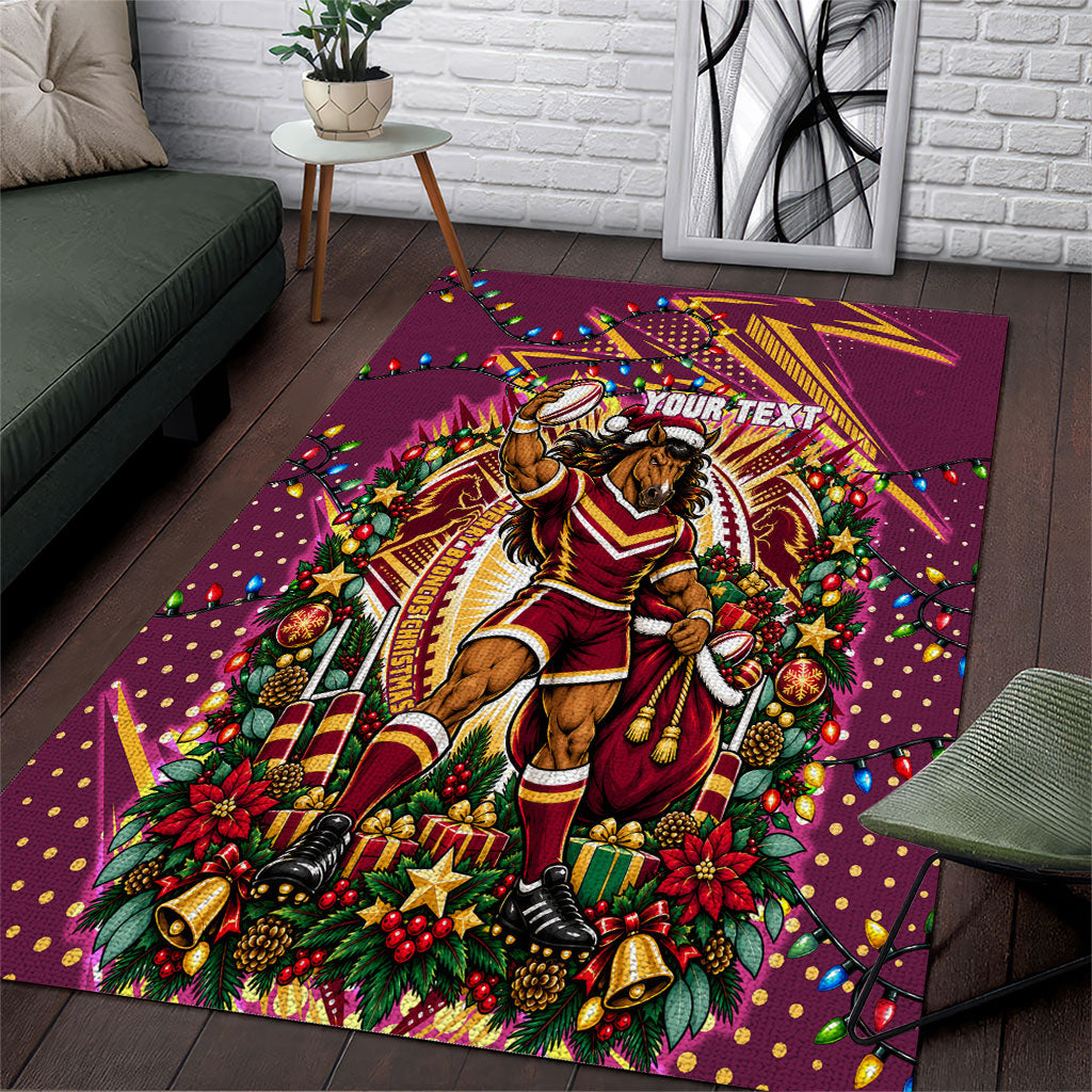 Personalized Brisbane Broncos Rugby Christmas Area Rug Holiday Mascot Graphic Art Festive Lights Bow