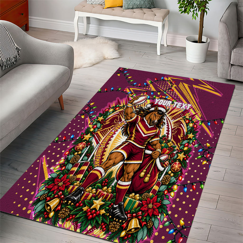 Personalized Brisbane Broncos Rugby Christmas Area Rug Holiday Mascot Graphic Art Festive Lights Bow