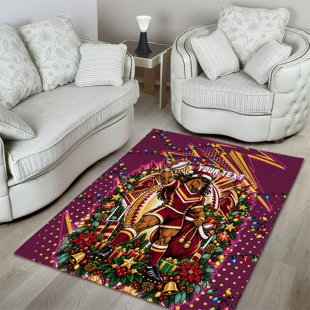 Personalized Brisbane Broncos Rugby Christmas Area Rug Holiday Mascot Graphic Art Festive Lights Bow