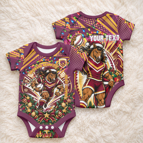 Personalized Brisbane Broncos Rugby Christmas Baby Onesie Holiday Mascot Graphic Art Festive Lights Bow