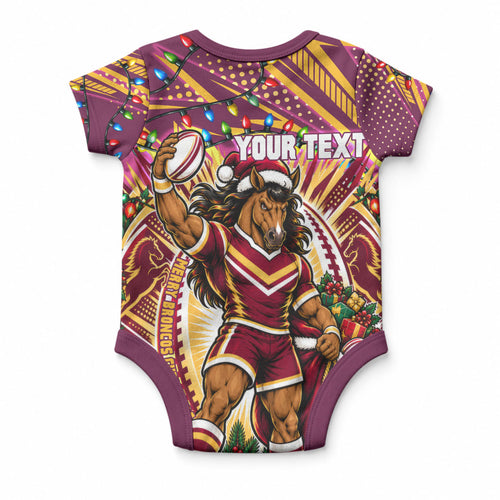 Personalized Brisbane Broncos Rugby Christmas Baby Onesie Holiday Mascot Graphic Art Festive Lights Bow