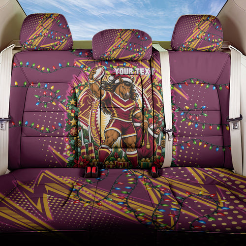 Personalized Brisbane Broncos Rugby Christmas Back Car Seat Cover Holiday Mascot Graphic Art Festive Lights Bow