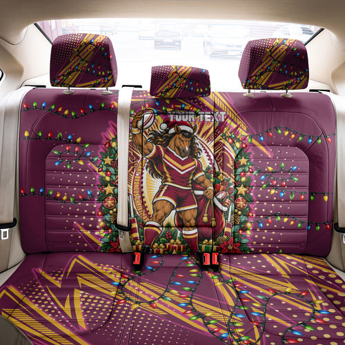 Personalized Brisbane Broncos Rugby Christmas Back Car Seat Cover Holiday Mascot Graphic Art Festive Lights Bow
