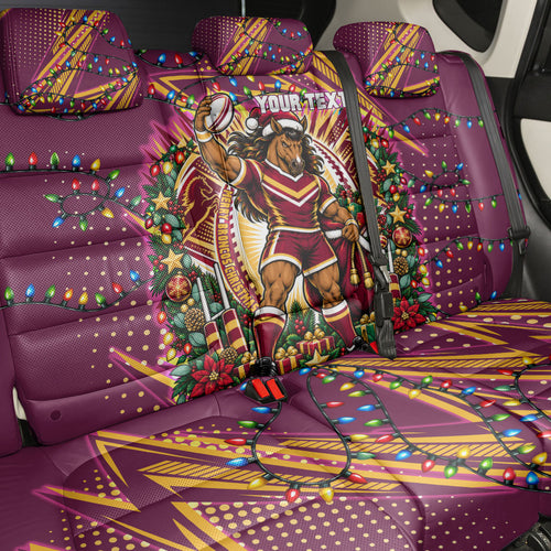 Personalized Brisbane Broncos Rugby Christmas Back Car Seat Cover Holiday Mascot Graphic Art Festive Lights Bow