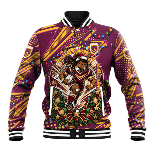 Personalized Brisbane Broncos Rugby Christmas Baseball Jacket Holiday Mascot Graphic Art Festive Lights Bow