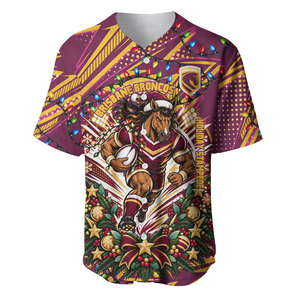 Personalized Brisbane Broncos Rugby Christmas Baseball Jersey Holiday Mascot Graphic Art Festive Lights Bow