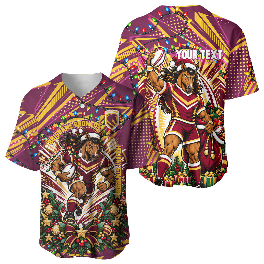 Personalized Brisbane Broncos Rugby Christmas Baseball Jersey Holiday Mascot Graphic Art Festive Lights Bow