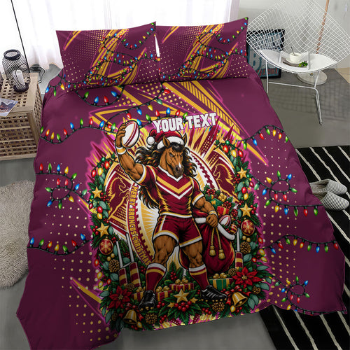 Personalized Brisbane Broncos Rugby Christmas Bedding Set Holiday Mascot Graphic Art Festive Lights Bow
