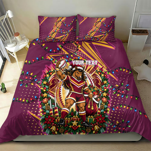 Personalized Brisbane Broncos Rugby Christmas Bedding Set Holiday Mascot Graphic Art Festive Lights Bow