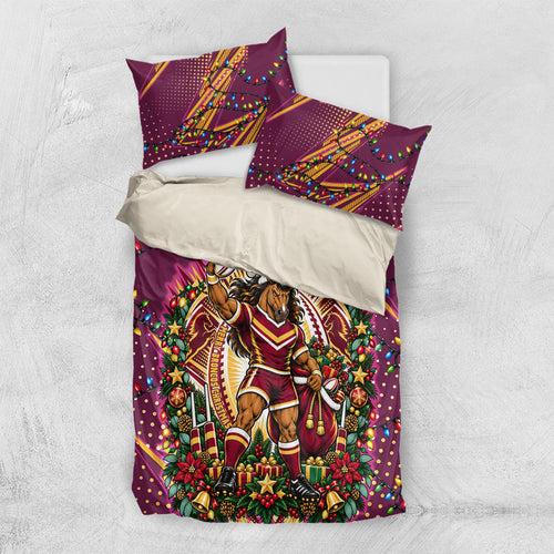 Personalized Brisbane Broncos Rugby Christmas Bedding Set Holiday Mascot Graphic Art Festive Lights Bow